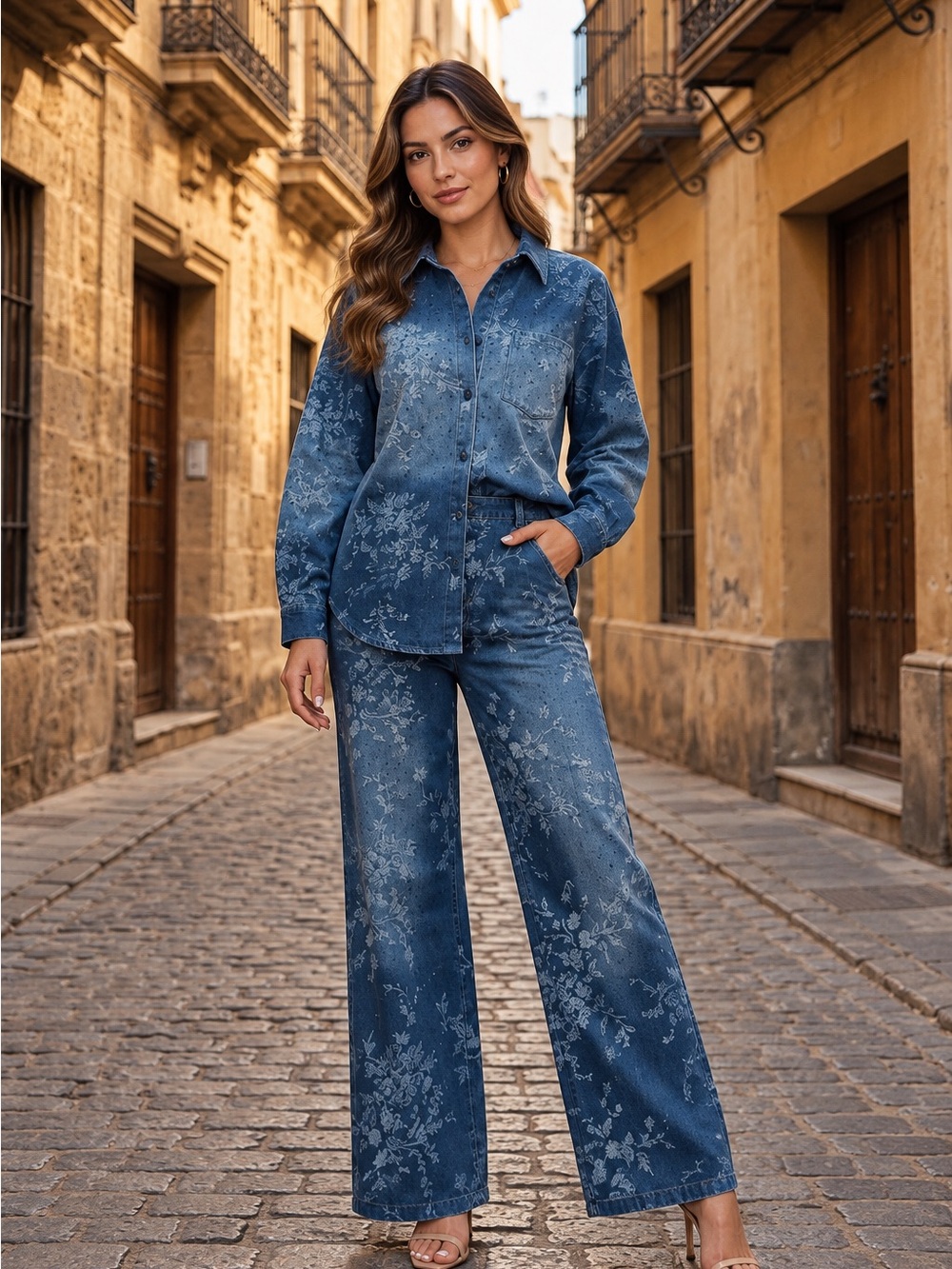 Floral Print Wide-Leg Jeans in Washed Blue set